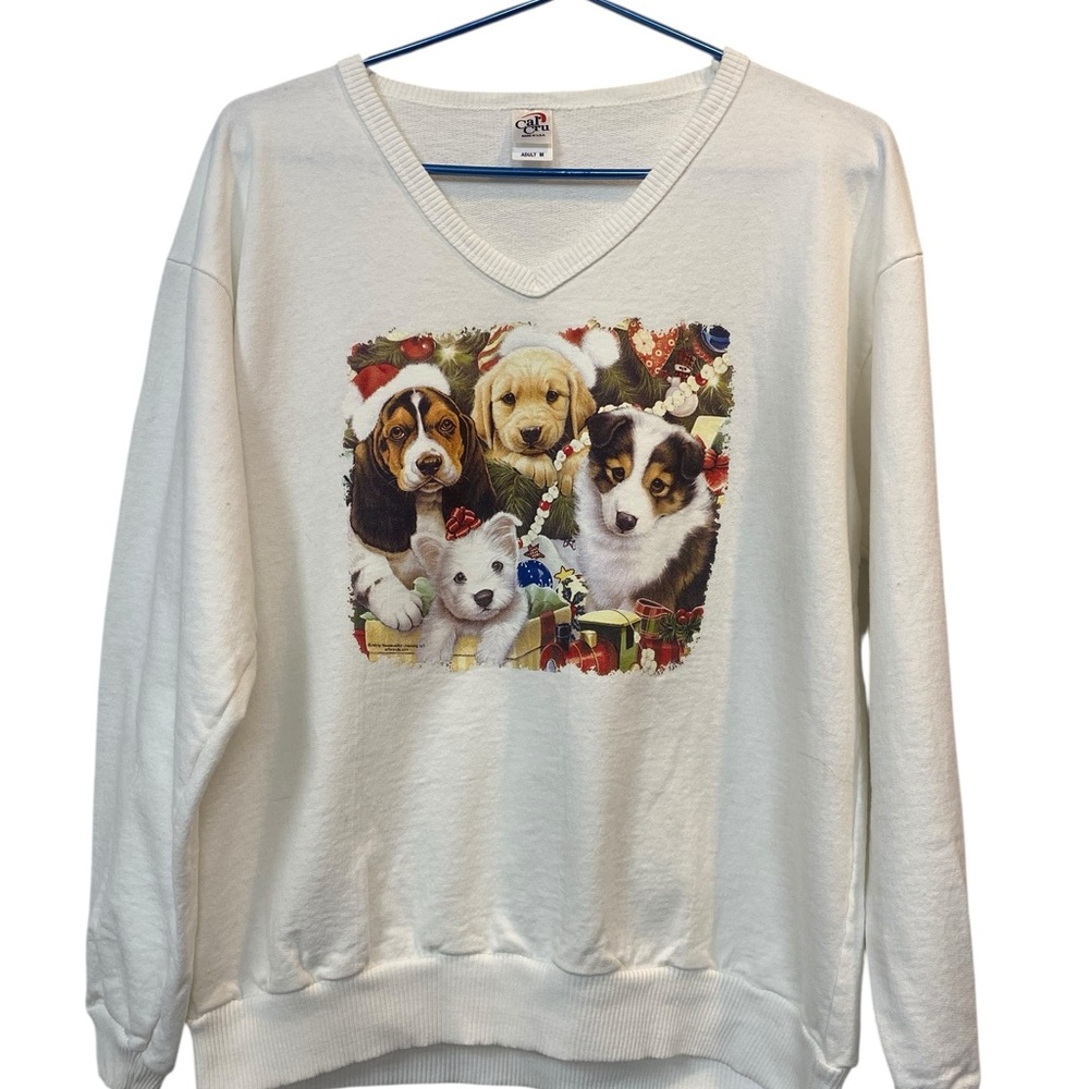 Vintage Cal Cru Women's Medium Christmas Puppies graphic White Sweatshirt USA